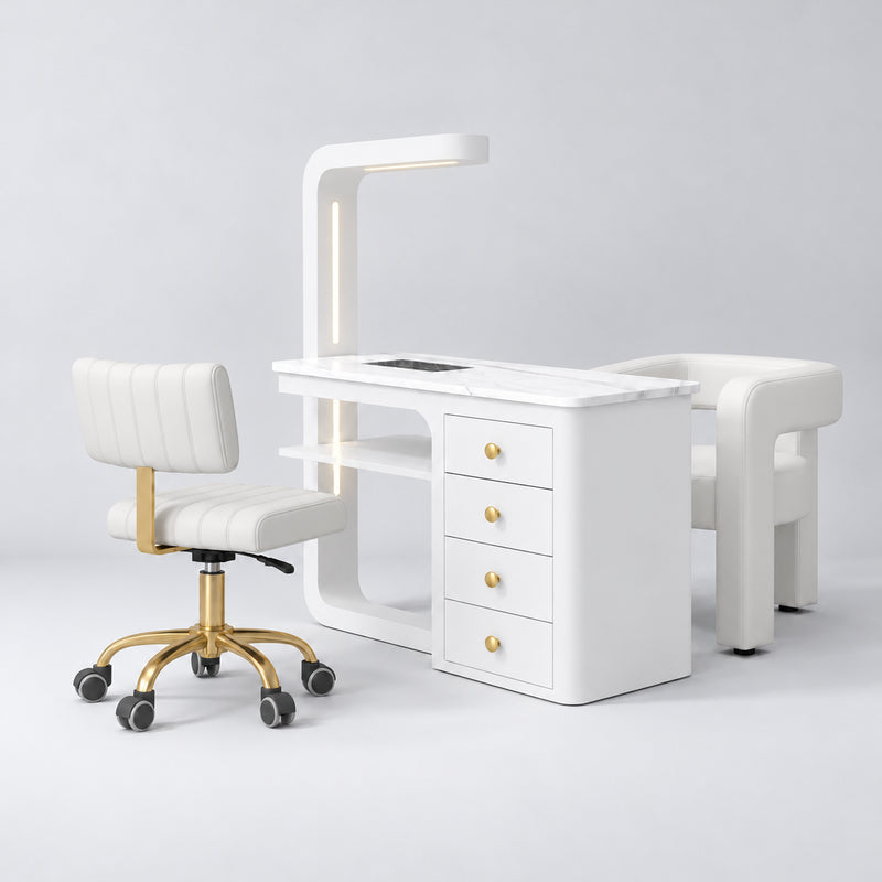 Manufakturo ManiMuse White Manicure Set with Essence & Client Chair, showing the complete coordinated three-piece furniture set on a grey studio background.