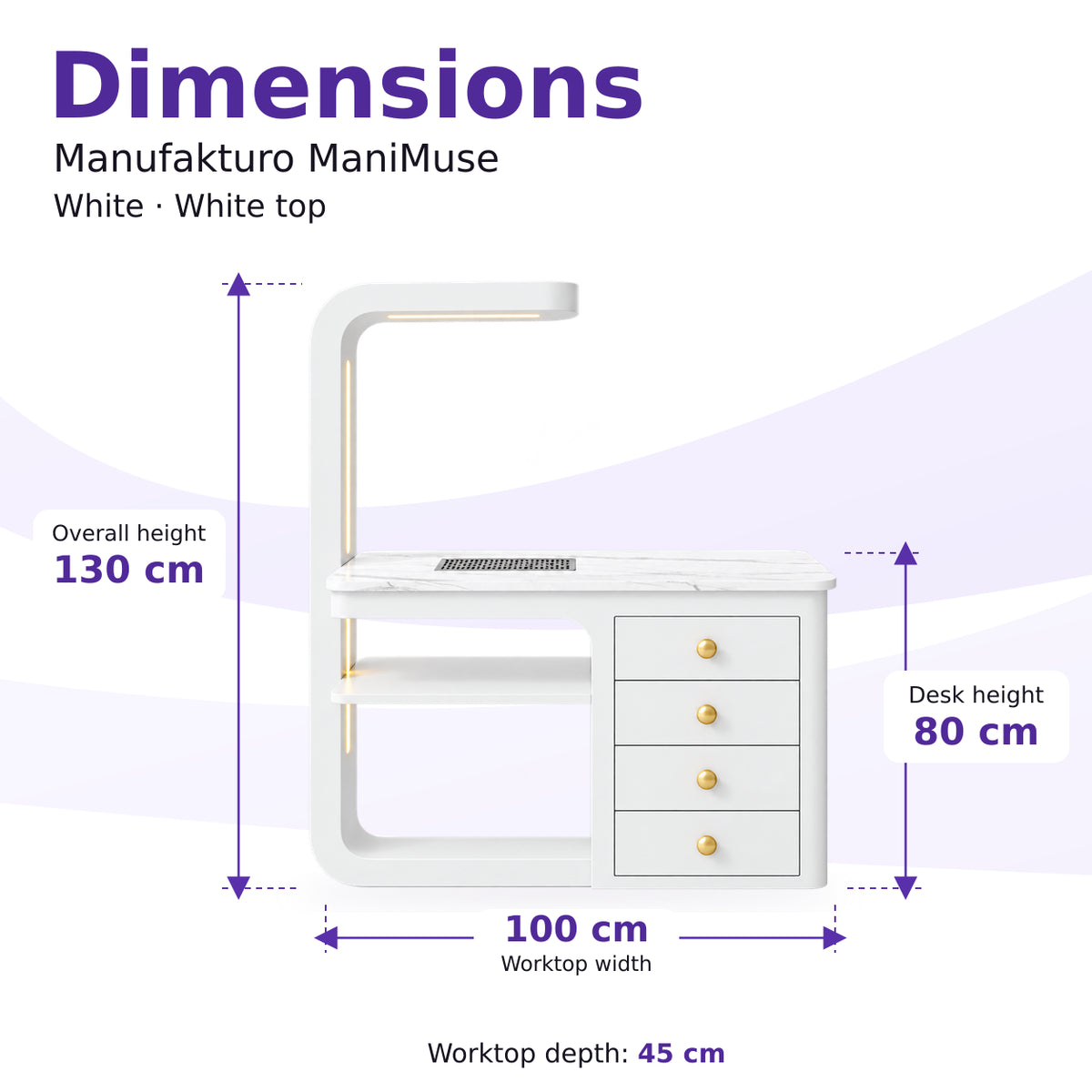Manufakturo ManiMuse White manicure desk dimensions: 100 by 45 cm worktop, 80 cm desk height and 130 cm overall height including the light stand.