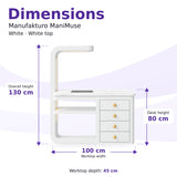 Manufakturo ManiMuse White manicure desk dimensions: 100 by 45 cm worktop, 80 cm desk height and 130 cm overall height including the light stand.