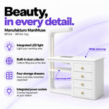 Manufakturo ManiMuse White manicure desk with integrated LED light, built-in dust collector, four storage drawers and power sockets.