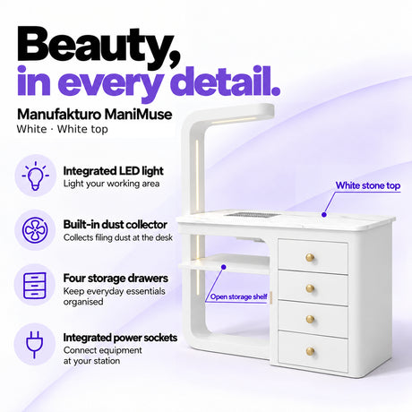 Manufakturo ManiMuse White manicure desk with integrated LED light, built-in dust collector, four storage drawers and power sockets.