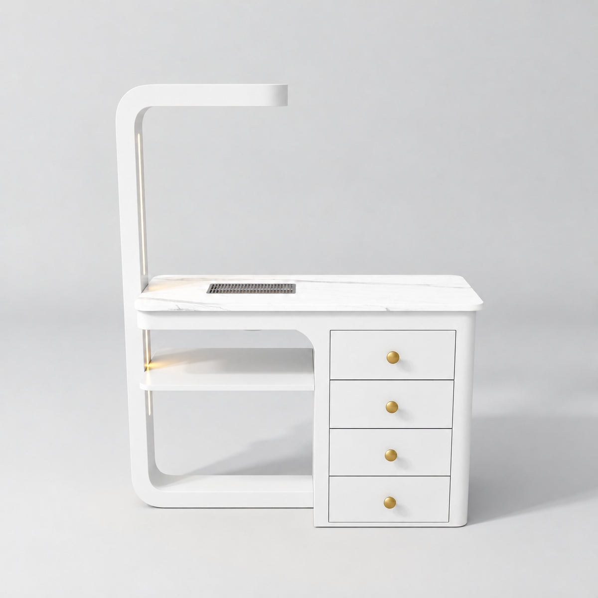 Front view of the Manufakturo ManiMuse White manicure desk with a white stone top and integrated LED light.