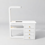 Front view of the Manufakturo ManiMuse White manicure desk with a white stone top and integrated LED light.