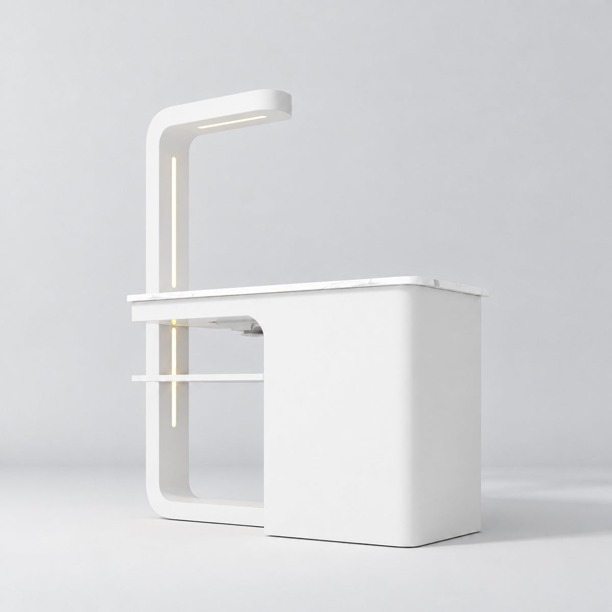 Rear view of the Manufakturo ManiMuse White manicure desk with a white stone top and integrated LED light.