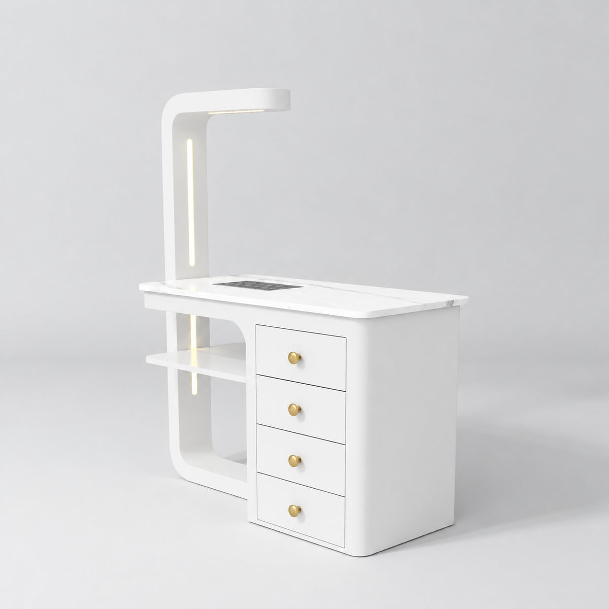 Three-quarter view of the Manufakturo ManiMuse White manicure desk with a white stone top, dust collector and four drawers.