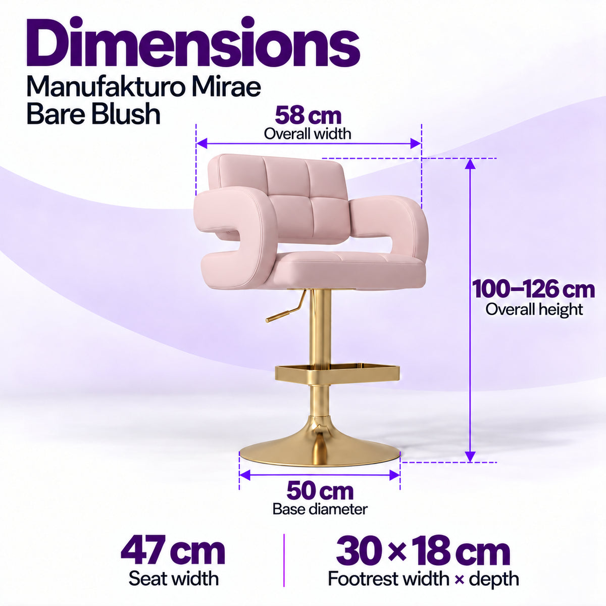Manufakturo Mirae Bare Blush bar stool dimensions: 58 cm overall width, 47 cm seat width, 100–126 cm overall height, 50 cm base diameter and 30 x 18 cm footrest.