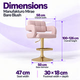 Manufakturo Mirae Bare Blush bar stool dimensions: 58 cm overall width, 47 cm seat width, 100–126 cm overall height, 50 cm base diameter and 30 x 18 cm footrest.