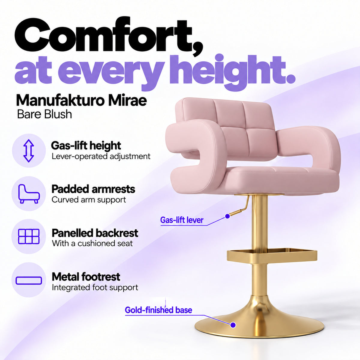 Manufakturo Mirae Bare Blush salon and reception bar stool with lever-operated gas-lift height adjustment, padded curved armrests, a panelled backrest, cushioned seat, integrated metal footrest and gold-finished pedestal base.