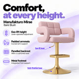Manufakturo Mirae Bare Blush salon and reception bar stool with lever-operated gas-lift height adjustment, padded curved armrests, a panelled backrest, cushioned seat, integrated metal footrest and gold-finished pedestal base.