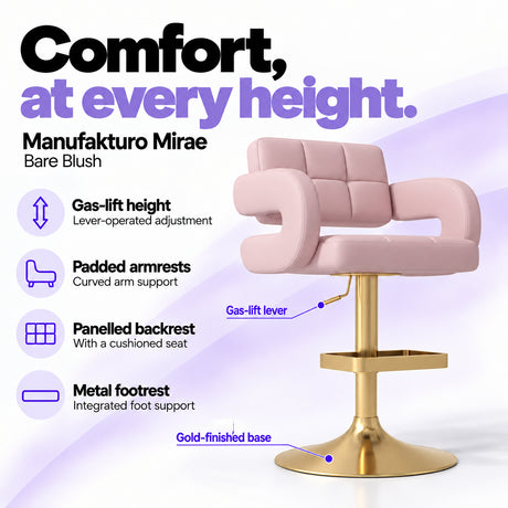 Manufakturo Mirae Bare Blush salon and reception bar stool with lever-operated gas-lift height adjustment, padded curved armrests, a panelled backrest, cushioned seat, integrated metal footrest and gold-finished pedestal base.