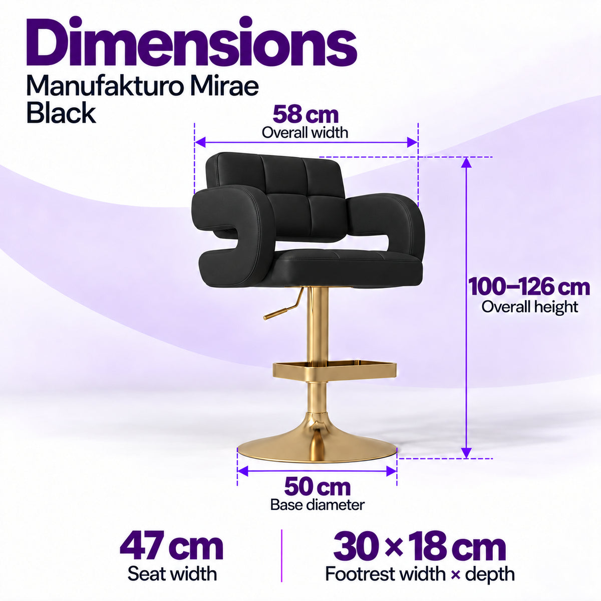 Manufakturo Mirae Black bar stool dimensions: 58 cm overall width, 47 cm seat width, 100–126 cm overall height, 50 cm base diameter and 30 x 18 cm footrest.
