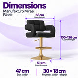 Manufakturo Mirae Black bar stool dimensions: 58 cm overall width, 47 cm seat width, 100–126 cm overall height, 50 cm base diameter and 30 x 18 cm footrest.