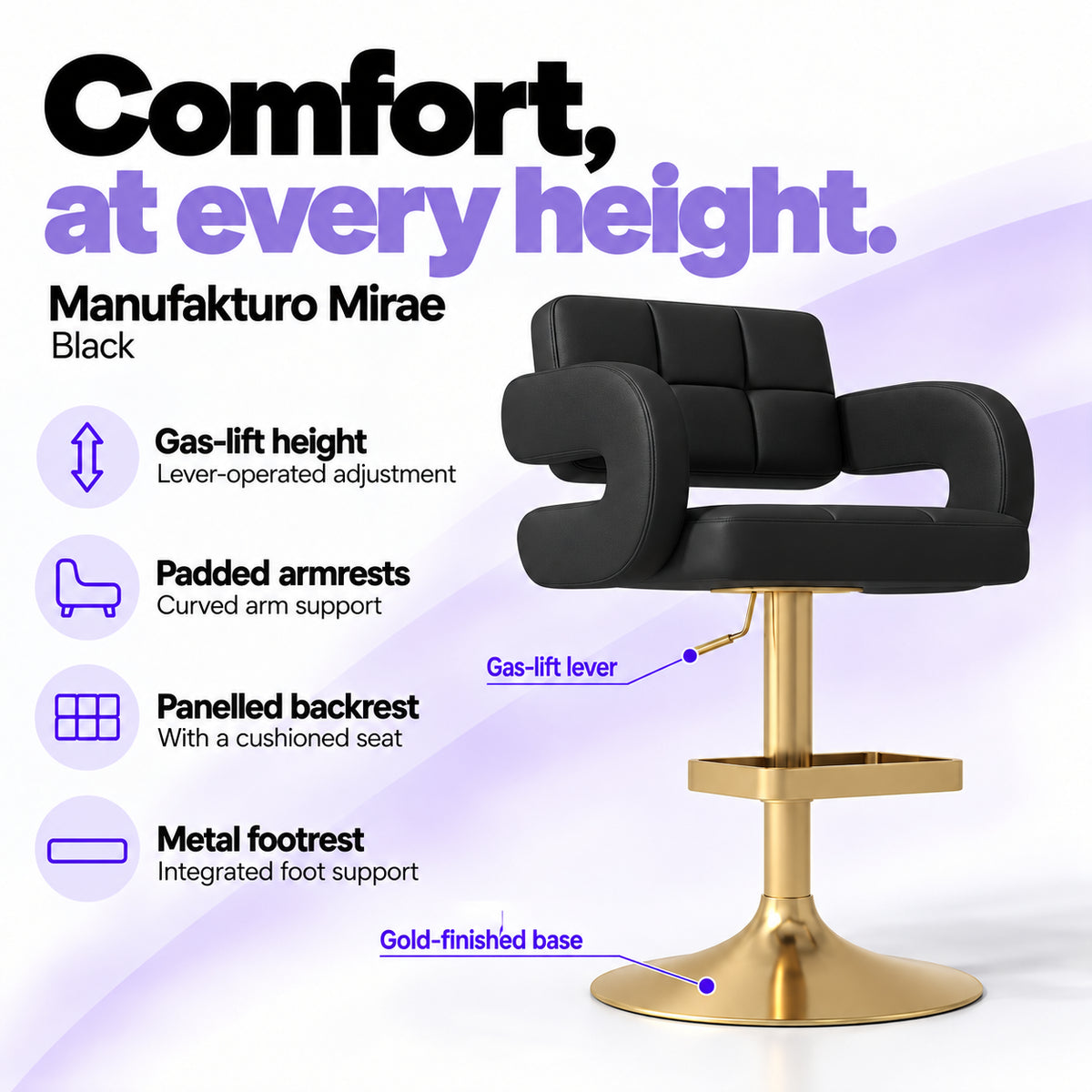 Manufakturo Mirae Black salon and reception bar stool with lever-operated gas-lift height adjustment, padded curved armrests, a panelled backrest, cushioned seat, integrated metal footrest and gold-finished pedestal base.