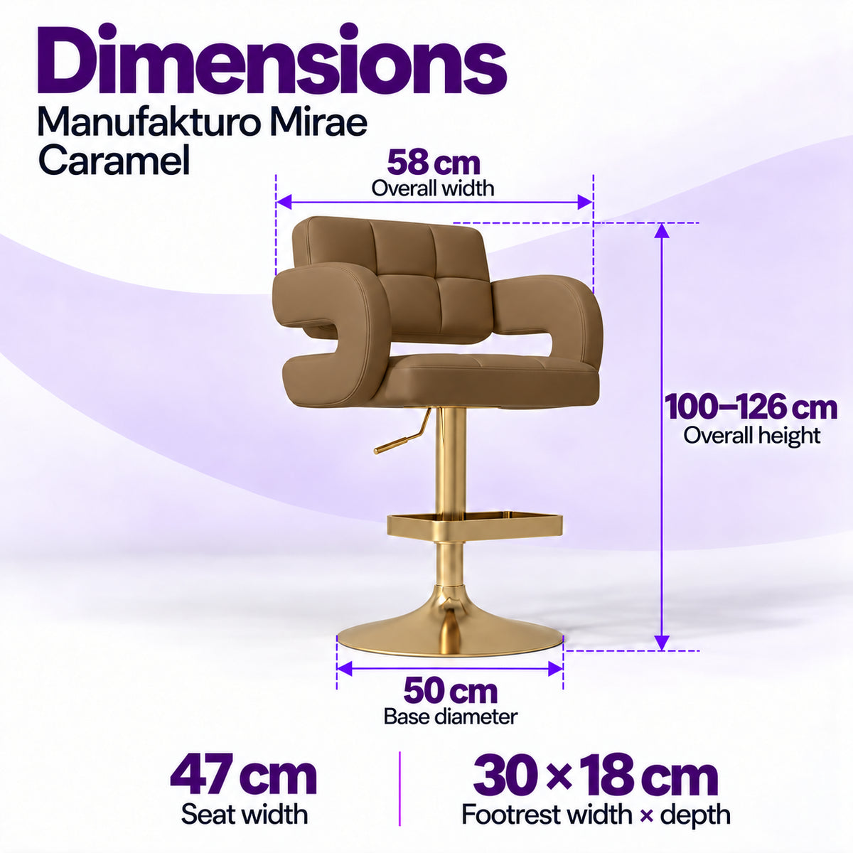 Manufakturo Mirae Caramel bar stool dimensions: 58 cm overall width, 47 cm seat width, 100–126 cm overall height, 50 cm base diameter and 30 x 18 cm footrest.