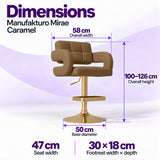 Manufakturo Mirae Caramel bar stool dimensions: 58 cm overall width, 47 cm seat width, 100–126 cm overall height, 50 cm base diameter and 30 x 18 cm footrest.