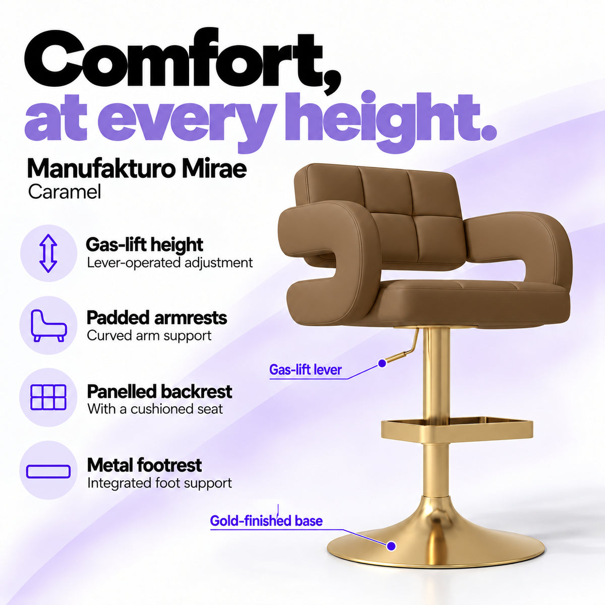 Manufakturo Mirae Caramel salon and reception bar stool with lever-operated gas-lift height adjustment, padded curved armrests, a panelled backrest, cushioned seat, integrated metal footrest and gold-finished pedestal base.