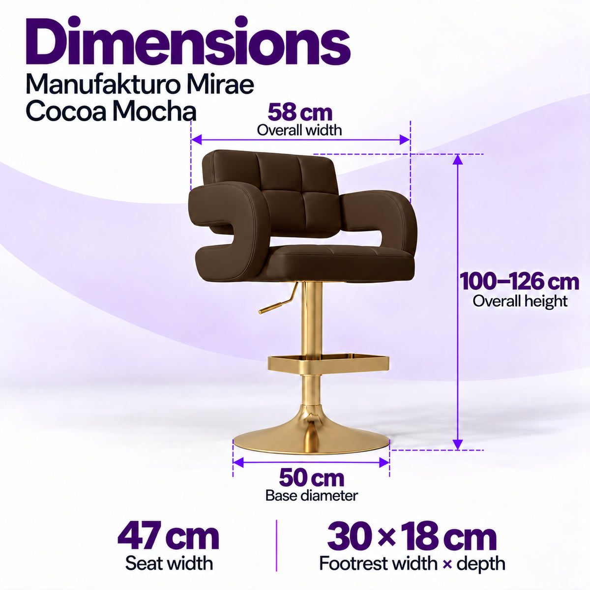 Manufakturo Mirae Cocoa Mocha bar stool dimensions: 58 cm overall width, 47 cm seat width, 100–126 cm overall height, 50 cm base diameter and 30 x 18 cm footrest.