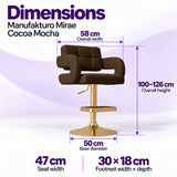 Manufakturo Mirae Cocoa Mocha bar stool dimensions: 58 cm overall width, 47 cm seat width, 100–126 cm overall height, 50 cm base diameter and 30 x 18 cm footrest.