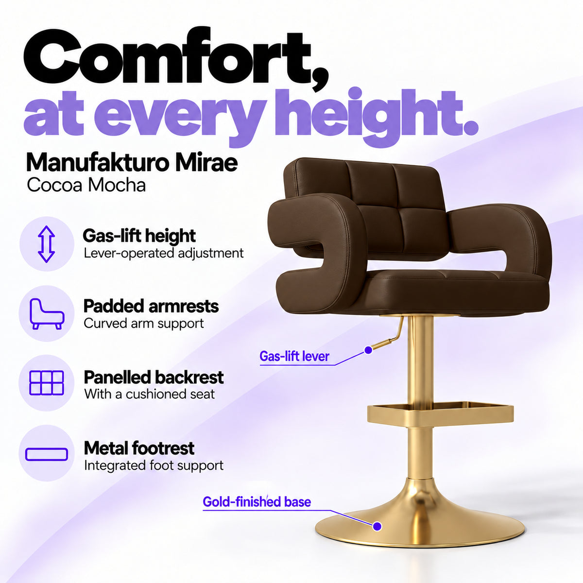 Manufakturo Mirae Cocoa Mocha salon and reception bar stool with lever-operated gas-lift height adjustment, padded curved armrests, a panelled backrest, cushioned seat, integrated metal footrest and gold-finished pedestal base.