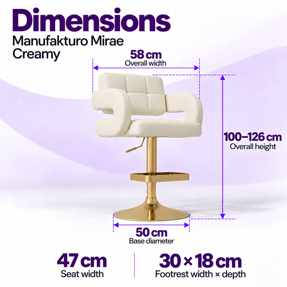 Manufakturo Mirae Creamy bar stool dimensions: 58 cm overall width, 47 cm seat width, 100–126 cm overall height, 50 cm base diameter and 30 x 18 cm footrest.