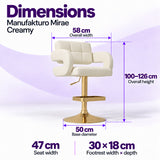 Manufakturo Mirae Creamy bar stool dimensions: 58 cm overall width, 47 cm seat width, 100–126 cm overall height, 50 cm base diameter and 30 x 18 cm footrest.