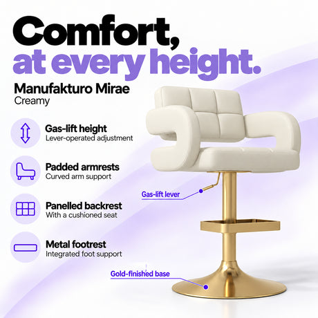 Manufakturo Mirae Creamy salon and reception bar stool with lever-operated gas-lift height adjustment, padded curved armrests, a panelled backrest, cushioned seat, integrated metal footrest and gold-finished pedestal base.