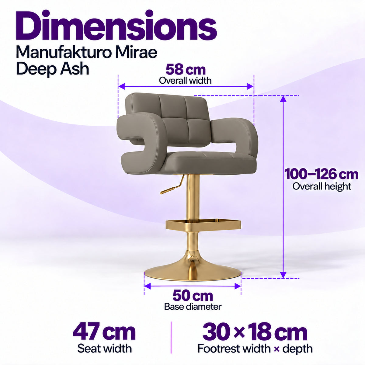 Manufakturo Mirae Deep Ash bar stool dimensions: 58 cm overall width, 47 cm seat width, 100–126 cm overall height, 50 cm base diameter and 30 x 18 cm footrest.