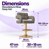 Manufakturo Mirae Deep Ash bar stool dimensions: 58 cm overall width, 47 cm seat width, 100–126 cm overall height, 50 cm base diameter and 30 x 18 cm footrest.
