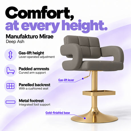 Manufakturo Mirae Deep Ash salon and reception bar stool with lever-operated gas-lift height adjustment, padded curved armrests, a panelled backrest, cushioned seat, integrated metal footrest and gold-finished pedestal base.