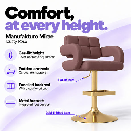 Manufakturo Mirae Dusty Rose salon and reception bar stool with lever-operated gas-lift height adjustment, padded curved armrests, a panelled backrest, cushioned seat, integrated metal footrest and gold-finished pedestal base.