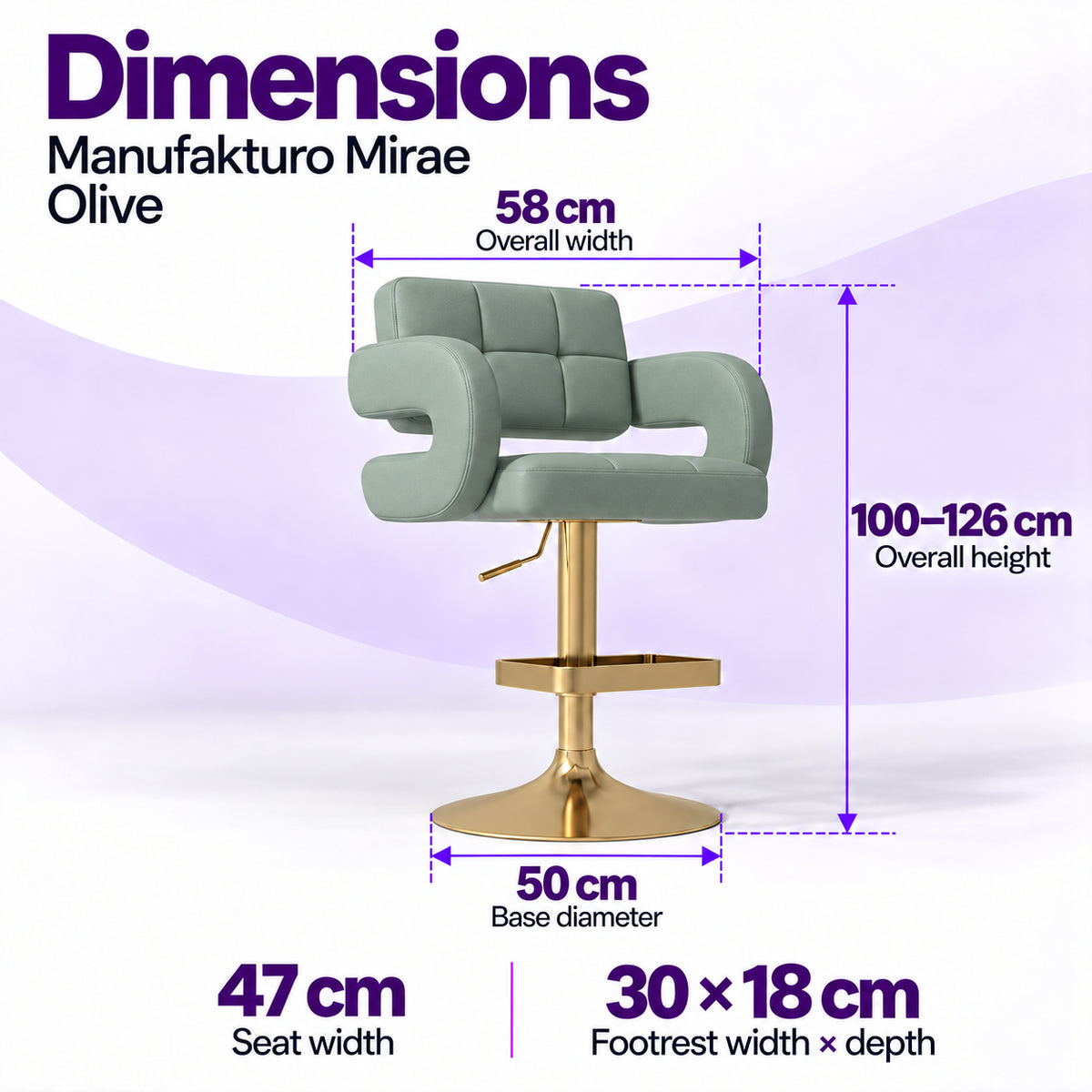Manufakturo Mirae Olive bar stool dimensions: 58 cm overall width, 47 cm seat width, 100–126 cm overall height, 50 cm base diameter and 30 x 18 cm footrest.
