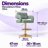 Manufakturo Mirae Olive bar stool dimensions: 58 cm overall width, 47 cm seat width, 100–126 cm overall height, 50 cm base diameter and 30 x 18 cm footrest.