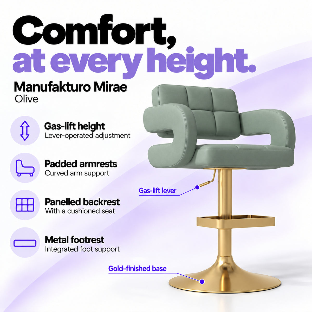 Manufakturo Mirae Olive salon and reception bar stool with lever-operated gas-lift height adjustment, padded curved armrests, a panelled backrest, cushioned seat, integrated metal footrest and gold-finished pedestal base.