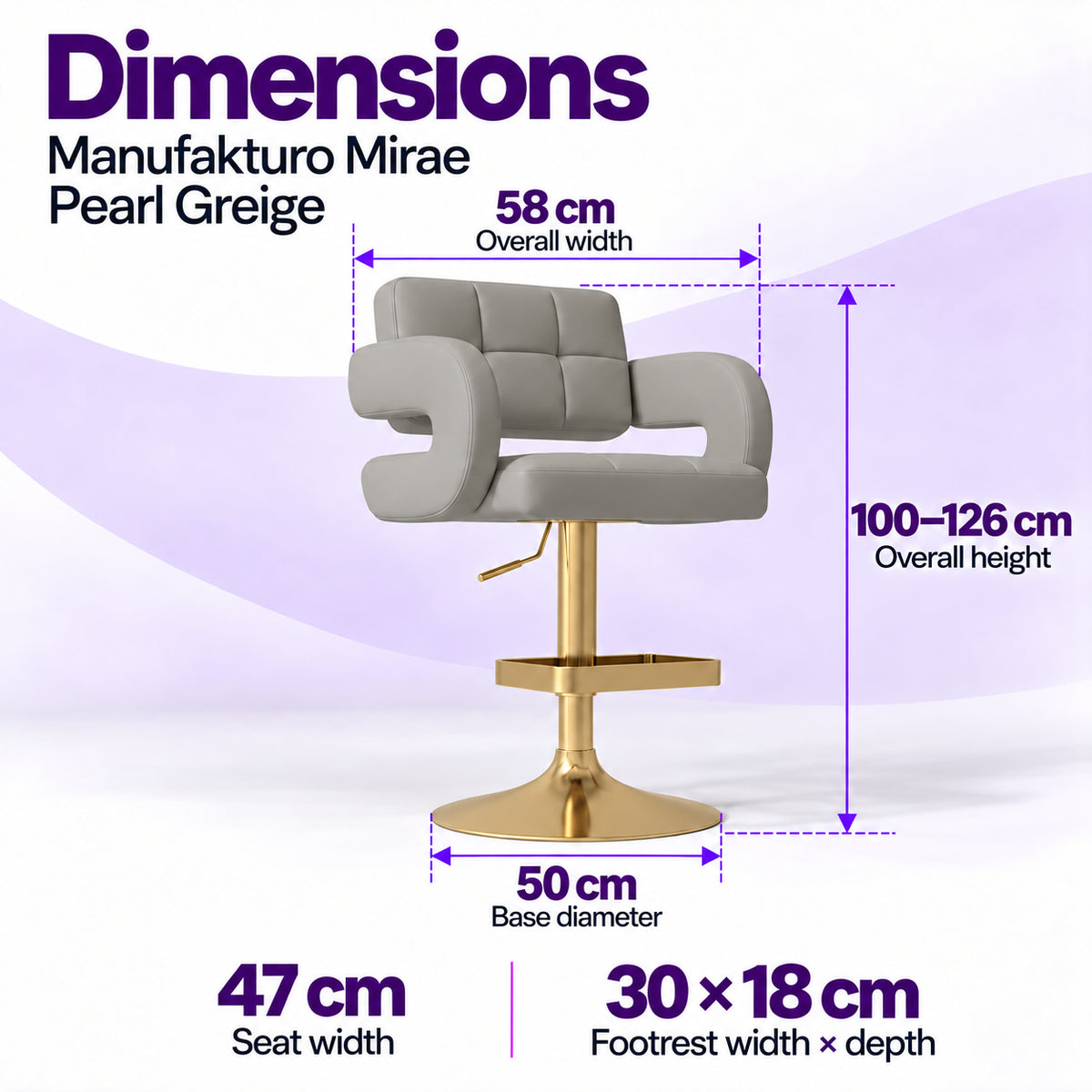 Manufakturo Mirae Pearl Greige bar stool dimensions: 58 cm overall width, 47 cm seat width, 100–126 cm overall height, 50 cm base diameter and 30 x 18 cm footrest.