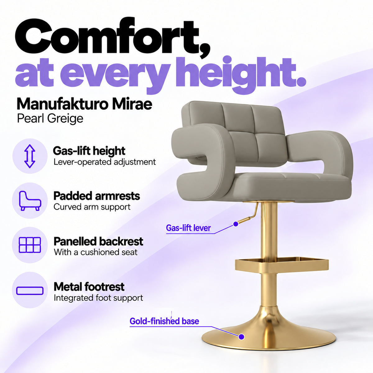 Manufakturo Mirae Pearl Greige salon and reception bar stool with lever-operated gas-lift height adjustment, padded curved armrests, a panelled backrest, cushioned seat, integrated metal footrest and gold-finished pedestal base.