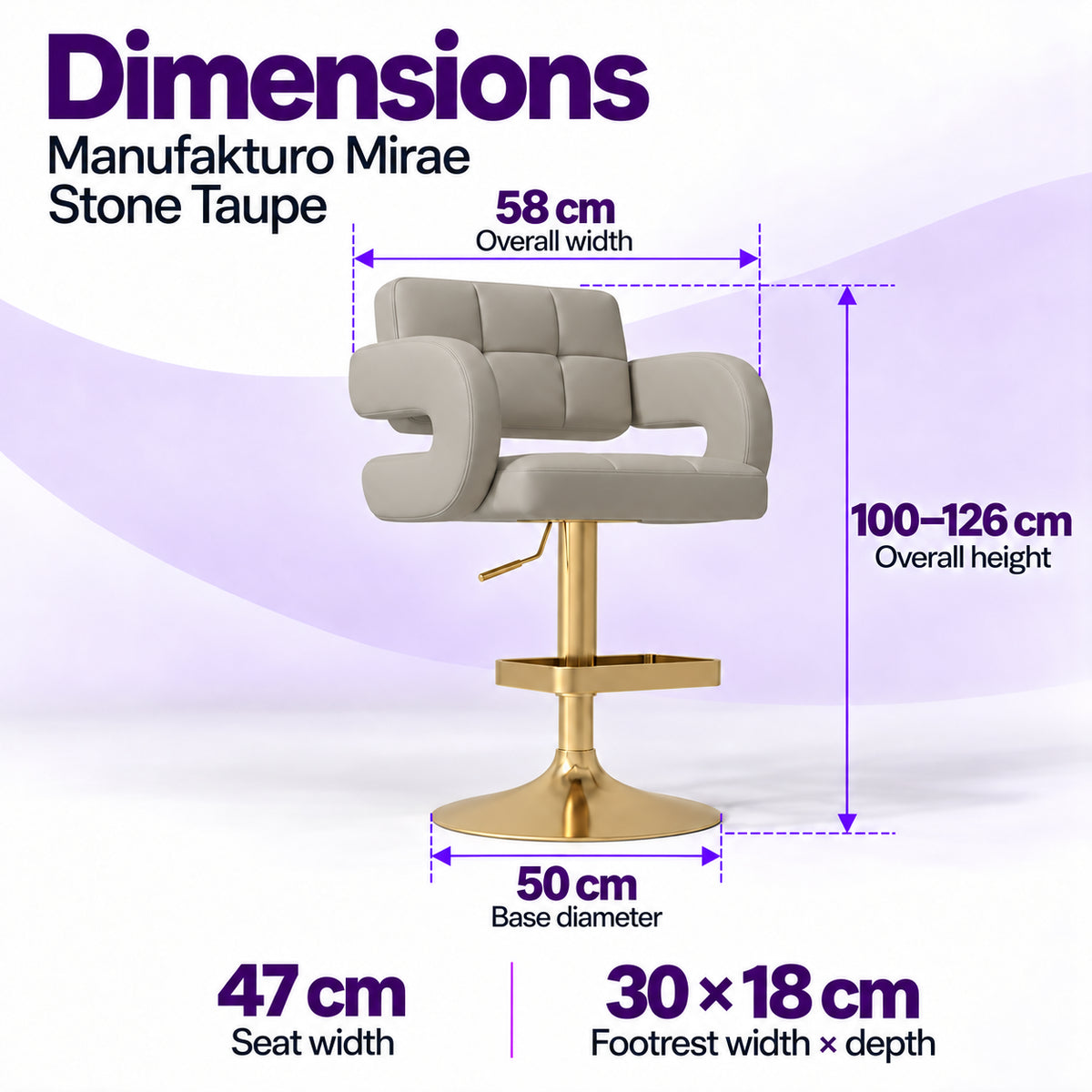 Manufakturo Mirae Stone Taupe bar stool dimensions: 58 cm overall width, 47 cm seat width, 100–126 cm overall height, 50 cm base diameter and 30 x 18 cm footrest.