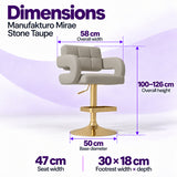 Manufakturo Mirae Stone Taupe bar stool dimensions: 58 cm overall width, 47 cm seat width, 100–126 cm overall height, 50 cm base diameter and 30 x 18 cm footrest.