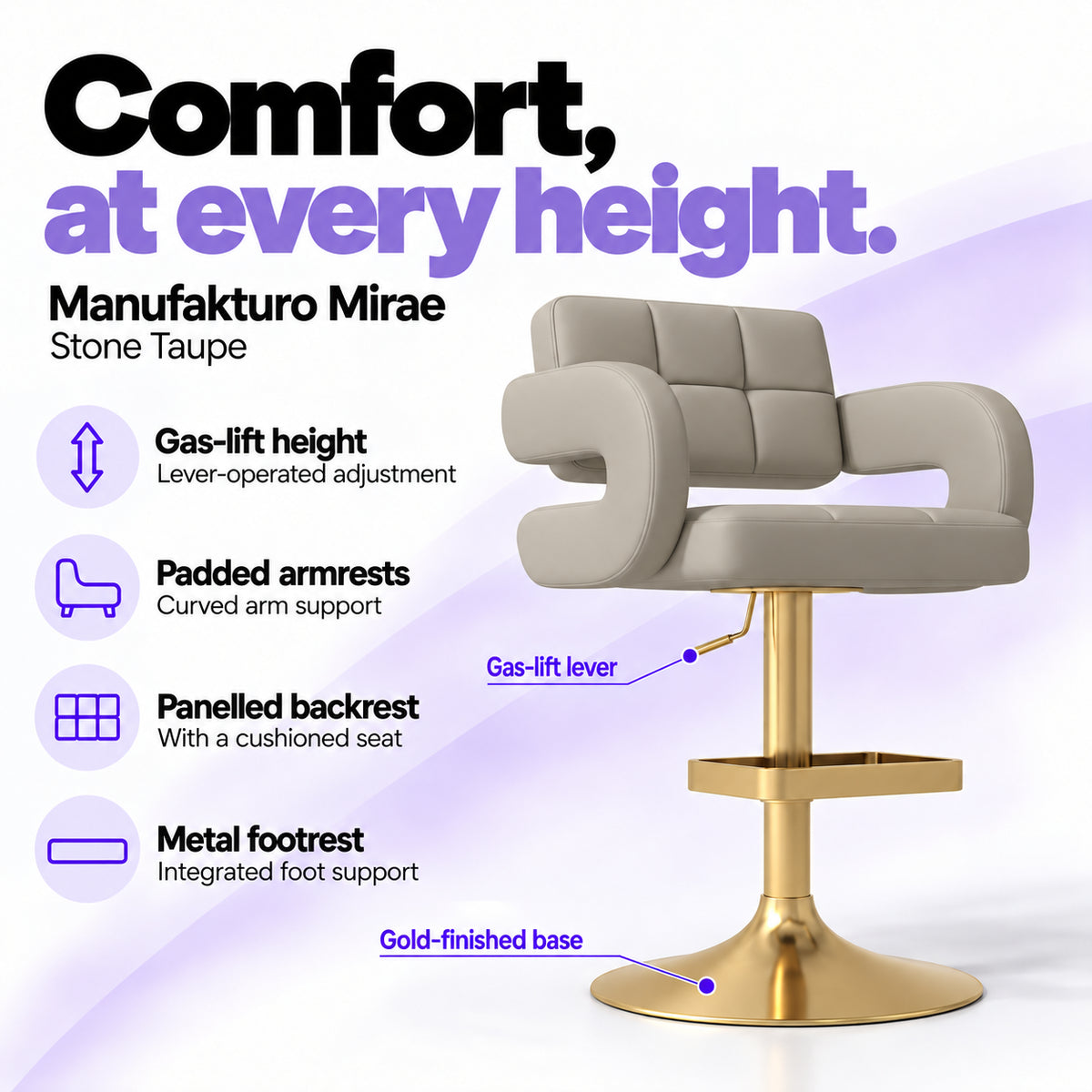 Manufakturo Mirae Stone Taupe salon and reception bar stool with lever-operated gas-lift height adjustment, padded curved armrests, a panelled backrest, cushioned seat, integrated metal footrest and gold-finished pedestal base.