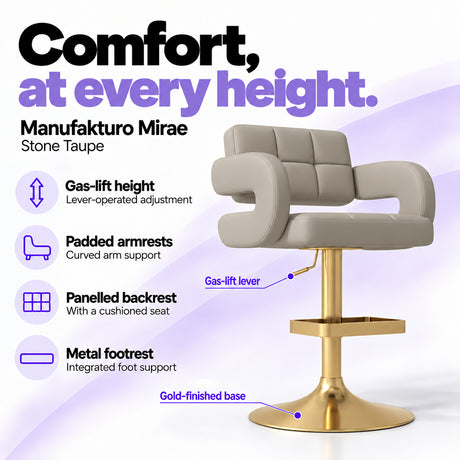 Manufakturo Mirae Stone Taupe salon and reception bar stool with lever-operated gas-lift height adjustment, padded curved armrests, a panelled backrest, cushioned seat, integrated metal footrest and gold-finished pedestal base.