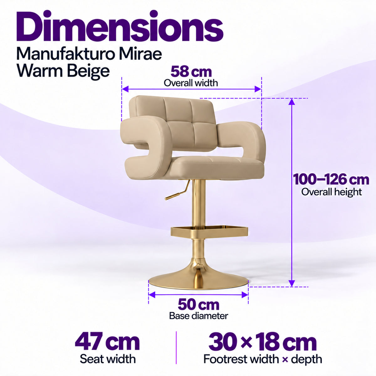 Manufakturo Mirae Warm Beige bar stool dimensions: 58 cm overall width, 47 cm seat width, 100–126 cm overall height, 50 cm base diameter and 30 x 18 cm footrest.