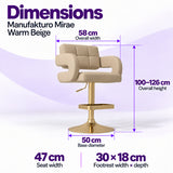 Manufakturo Mirae Warm Beige bar stool dimensions: 58 cm overall width, 47 cm seat width, 100–126 cm overall height, 50 cm base diameter and 30 x 18 cm footrest.