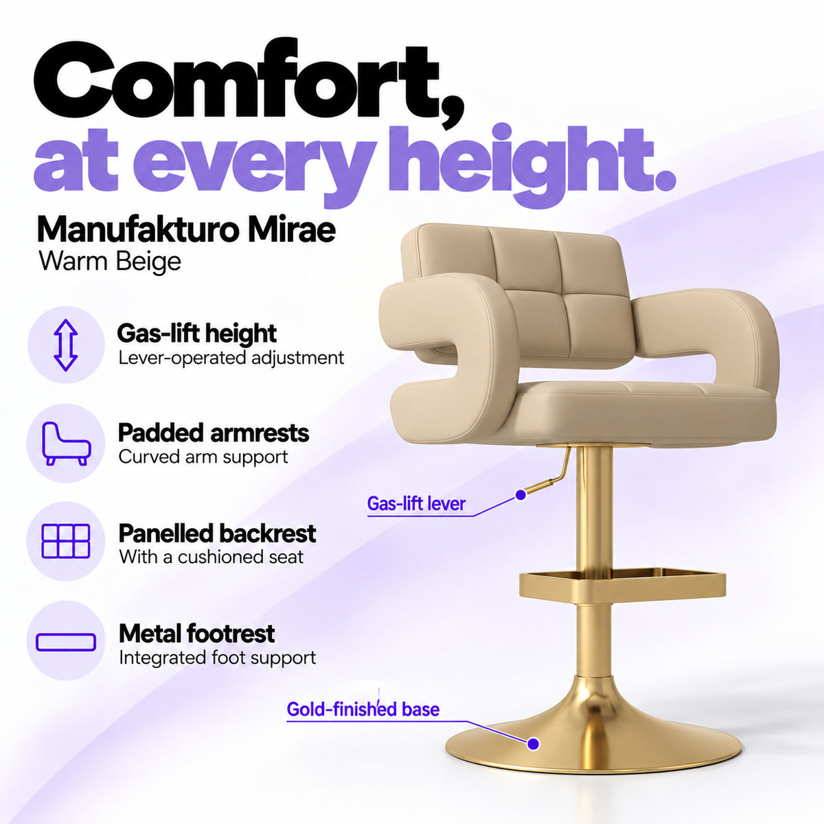 Manufakturo Mirae Warm Beige salon and reception bar stool with lever-operated gas-lift height adjustment, padded curved armrests, a panelled backrest, cushioned seat, integrated metal footrest and gold-finished pedestal base.
