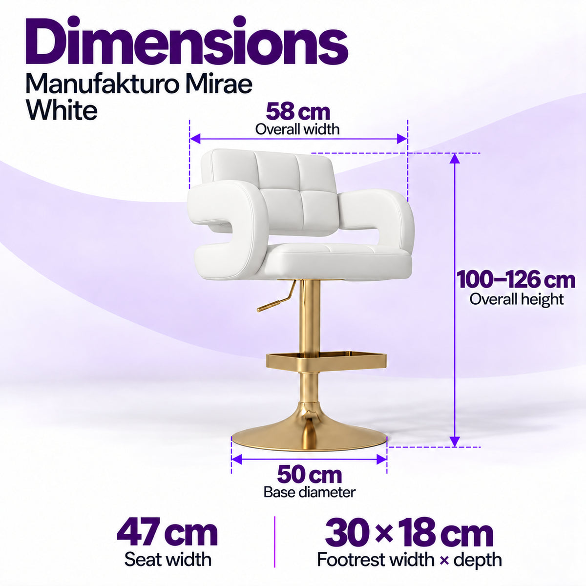 Manufakturo Mirae White bar stool dimensions: 58 cm overall width, 47 cm seat width, 100–126 cm overall height, 50 cm base diameter and 30 x 18 cm footrest.