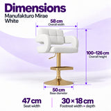 Manufakturo Mirae White bar stool dimensions: 58 cm overall width, 47 cm seat width, 100–126 cm overall height, 50 cm base diameter and 30 x 18 cm footrest.