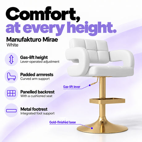 Manufakturo Mirae White salon and reception bar stool with lever-operated gas-lift height adjustment, padded curved armrests, a panelled backrest, cushioned seat, integrated metal footrest and gold-finished pedestal base.