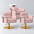 Manufakturo Monaco Bare Blush Hair Salon Set with 2 Palais Styling Chairs, showing the complete coordinated three-piece furniture set on a grey studio background.