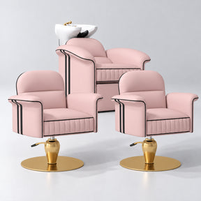 Manufakturo Monaco Bare Blush Hair Salon Set with 2 Palais Styling Chairs, showing the complete coordinated three-piece furniture set on a grey studio background.