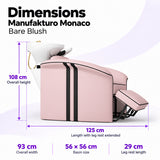 Manufakturo Monaco Bare Blush backwash unit dimensions: 125 cm length with leg rest extended, 93 cm overall width, 108 cm overall height, 56 x 56 cm basin and 29 cm leg rest.