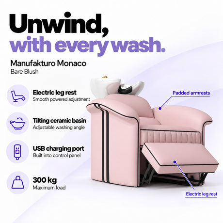 Manufakturo Monaco Bare Blush backwash unit with electric leg rest, tilting ceramic basin, USB charging port and 300 kg maximum load.