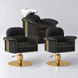 Manufakturo Monaco Black Hair Salon Set with 2 Palais Styling Chairs, showing the complete coordinated three-piece furniture set on a grey studio background.